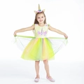 Detailansicht Einhorn-Mädchenkleid mit Regenbogen-Tüllrock und floralem Oberteil - 100cm / Regenbogen Gelb