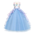 Robe de princesse licorne pour fille avec fleurs arc-en-ciel et jupe en tulle bleu multicouche - 110cm / Bleu Lac (2102)