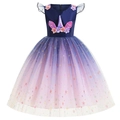 Dunkelblaues Einhorn-Prinzessinnenkleid mit Regenbogen-Tüllrock und Blumensternen - 100cm / Einhorn Königsblau