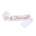 White satin sash with rose gold 30 & Fabulous print and heart pattern for 30th birthday - 160*9.5cm / White 30 & Fabulous Rose Gold Lettering