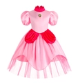 Abito da principessa rosa per bambine con maniche a sbuffo in raso e gemma blu - 120 / Stile Pesca Rosa