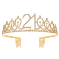 Gold birthday tiara with sparkling rhinestones featuring number 21 and side combs - 21st Gold