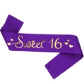 Purple satin Sweet 16 birthday sash with gold foil lettering and heart crown design - 160*9.5cm / Purple Sweet 16