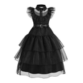 Dettaglio dell'abito gotico nero con balze a strati e cintura in vita con fibbia metallica - 110cm / Vestito con cintura (23006#)