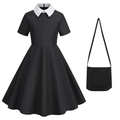 Wednesday Addams cosplay zwarte jurk met witte Peter Pan kraag en bijpassende tas set - 120cm / Gothic Jurk Met Korte Mouwen Met Tas (23033)