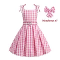 Pink and white plaid girls princess dress set with matching bow and pearl buckle belt - 120cm / Pearl Buckle Style 2 (23037#)