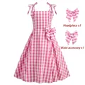 Pink gingham princess dress for girls with shoulder bows, headpiece, and waist ornament set - 120cm / Pink and White Gingham Style 1 (23036#)