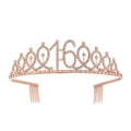 Rose gold tiara with number 16 design featuring sparkling rhinestones and side combs - 16 Years Old Rose Gold