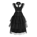 Wednesday Addams zwarte gothic cosplay jurk met gelaagde ruches en een ceintuur - 120cm / Gelaagde Gothic Jurk Met Riem (23006)