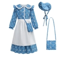 Abito a fiori stile prateria per bambine con grembiule bianco, cuffia e borsa - 120 / Blu