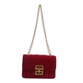 Elegante bolso bandolera de terciopelo rojo acolchado con cadena dorada y cierre retro - Rojo