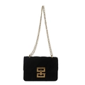 Bolso bandolera de terciopelo negro acolchado con cierre dorado vintage y cadena - Negro