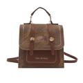 Vintage bruine retro rugzak met kattenprint en decoratieve bandjes met metalen knopen - Bruin