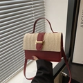 Borsa a tracolla quadrata minimalista in paglia e pelle rosso scuro con fibbia dorata - Rosso