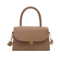 Braune Retro Trapez-Umhängetasche mit rundem Griff und goldenem Verschluss - Khaki