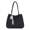 Black quilted puffer tote bag with heart patterns and woven handles for winter - Black With Pendant