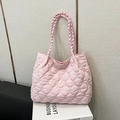 Pink heart quilted tote bag with woven handles and minimalist fabric texture - Pink Without Pendant