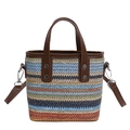 Bunte gestreifte gewebte Handtasche mit braunem Kunstledergriff und Schultergurt - Stil 2