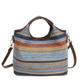 Regenbogenfarbene gestreifte Stroh-Beuteltasche mit braunen Henkeln und Schultergurt - Stil 1