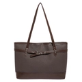 Deep brown woven tote bag with contrast faux leather trim and metallic buckle accent - Coffee