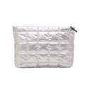 Silver quilted small square clutch bag with metallic finish and black zipper detail - Silver