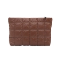 Brown quilted checkerboard makeup bag in a rectangular flat style with a black zipper - Brown