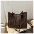 Deep brown faux leather tote bag with vintage texture and thin shoulder straps - Coffee