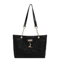 Borsa tote nera leopardata con manici a catena dorati e ciondolo a forma di cervo - Nero