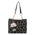 Grand sac cabas noir avec broderies d'étoiles blanches, lanières en cuir et charme nuage - Sac Cabas (23-6800) / Noir Avec Pendentif