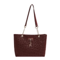 Borsa tote bordeaux con goffratura leopardata, catena dorata e ciondolo cervo - Rosso