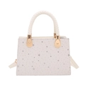 White mini square handbag with silver star prints and woven handles for women - White