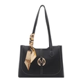 Minimalistische schwarze PU-Leder Tragetasche mit Seidenschal und Gold-M-Schnalle - Schwarz
