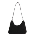 Minimalist black fuzzy plush crossbody bag with slim leather strap and zipper closure - Black