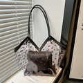 Transparent PVC tote bag with cherry print, black leather trim and matching inner pouch - Black
