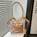 Transparent PVC cherry print tote bag with beige inner pouch and faux leather handles - Khaki