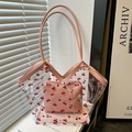 Sweet cherry print clear PVC tote bag with pink inner pouch and long shoulder handles - Pink