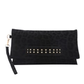 Bolso de mano de leopardo negro con remaches dorados y correa para un look moderno - Negro