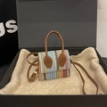 Mini bolso bandolera tejido multicolor con asas de cuero marrón y diseño en zigzag - Marrón