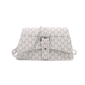 Chic beige leather shoulder bag with repeating grey M-logo and silver chain strap - White
