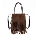 Bolso tipo cubo bohemio retro de ante marrón oscuro con flecos largos y correas - Marrón