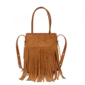 Bolso cubo vintage de ante marrón con flecos bohemios y correa ajustable de hombro - Marrón Amarillento