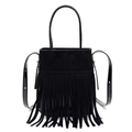 Bolso cubo bohemio negro de ante con flecos y correa ajustable para el hombro - Negro