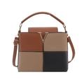 Dreifarbige Patchwork-Umhängetasche mit braunen, beige und schwarzen Paneelen und V-Hardware - Patchwork Khaki