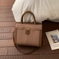 Brown herringbone woven crossbody bag with leather handles and gold double zippers - No Pendant / Brown