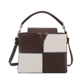 Crossbody square bag with brown and white color-block check pattern and V-logo - Patchwork Coffee