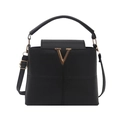 Minimalist black pebbled leather handbag with golden V buckle and adjustable strap - Black