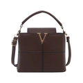 Dark brown pebbled leather crossbody bag with iconic gold V hardware and top handle - Brown