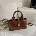 Dark brown glossy PU leather tote bag with gold charm and adjustable shoulder strap - Tan