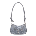 Chic grey crescent shoulder bag with metallic charms and abstract letter print - Blue
