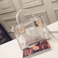 Transparent PVC jelly beach tote with silver inner pouch and gold metallic hardware - Silver